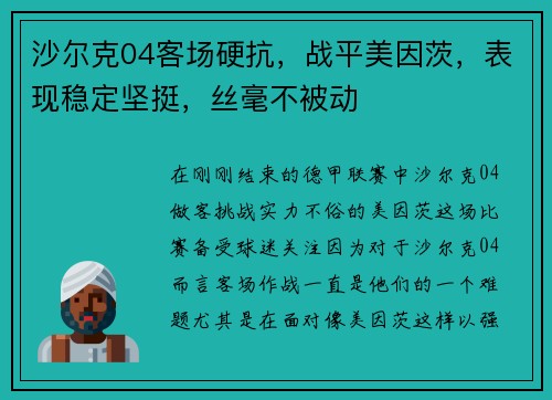 沙尔克04客场硬抗，战平美因茨，表现稳定坚挺，丝毫不被动